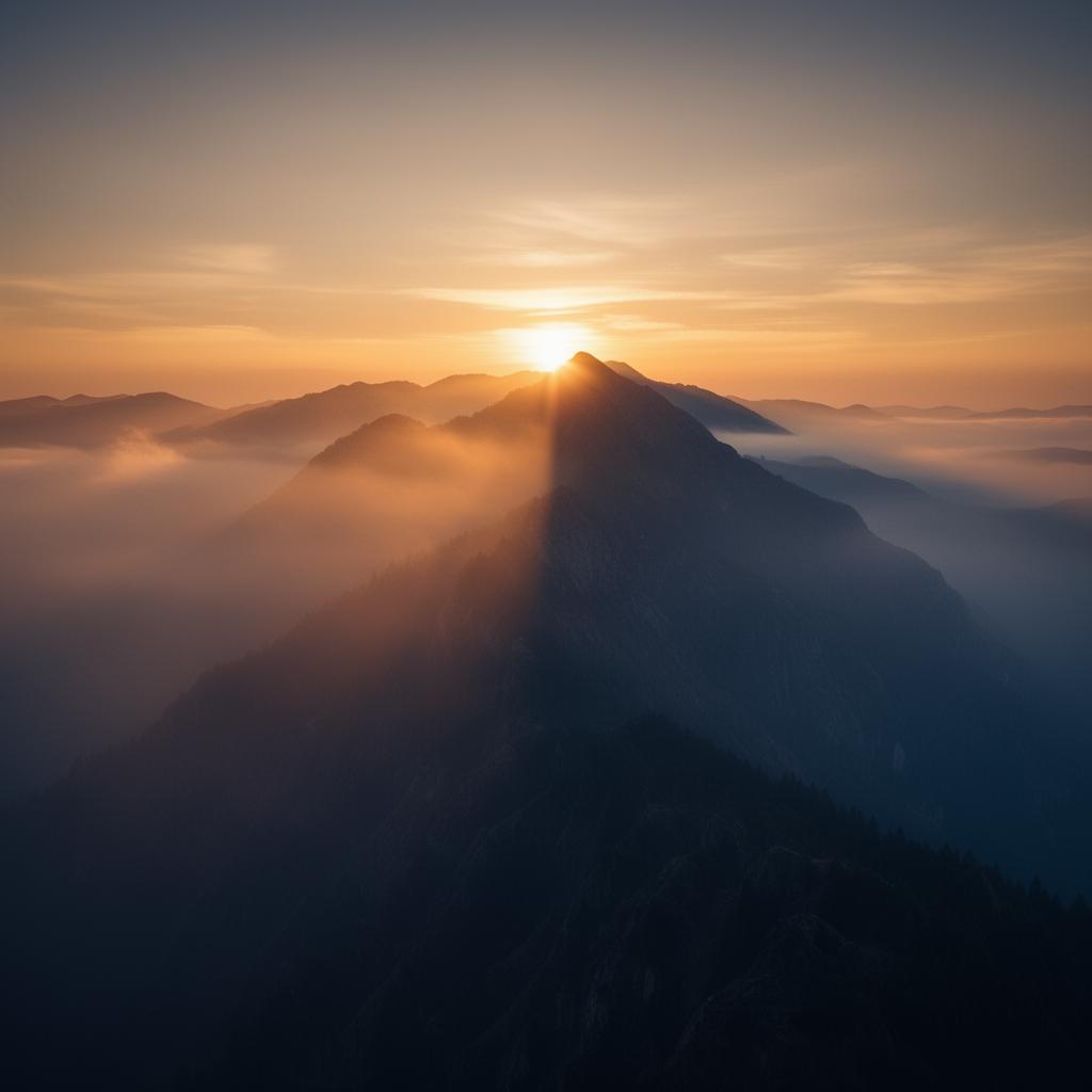 Sunlight breaking over a mountain ridge at golden hour
